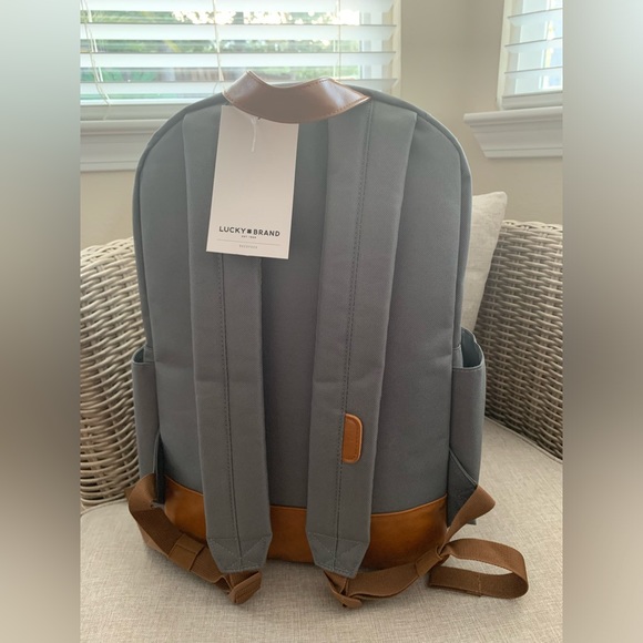 NWT 🍀 Lucky Brand: Gray Canvas, Brown Faux Leather, 18x12x5.5 inches, Zips Logo - Picture 2 of 12